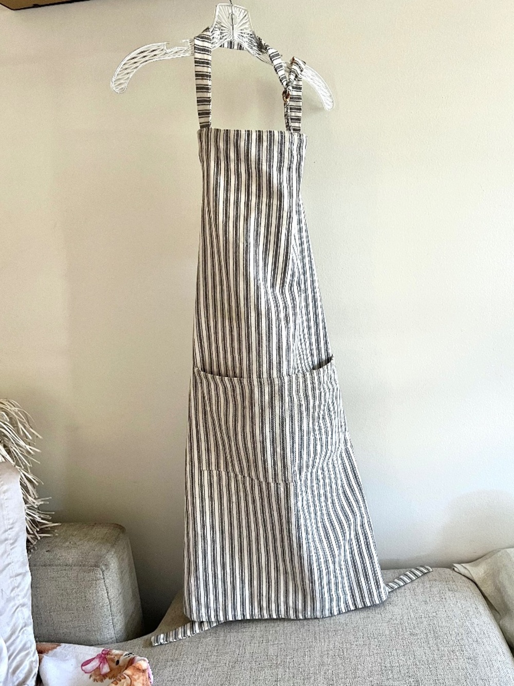 Grey and white classic striped french apron with front large pockets